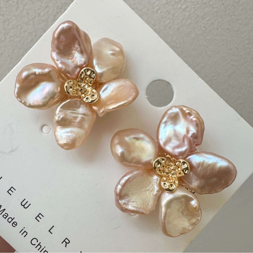 Genuine Pearl Gold and Pink Flower Earrings 1 inch wide